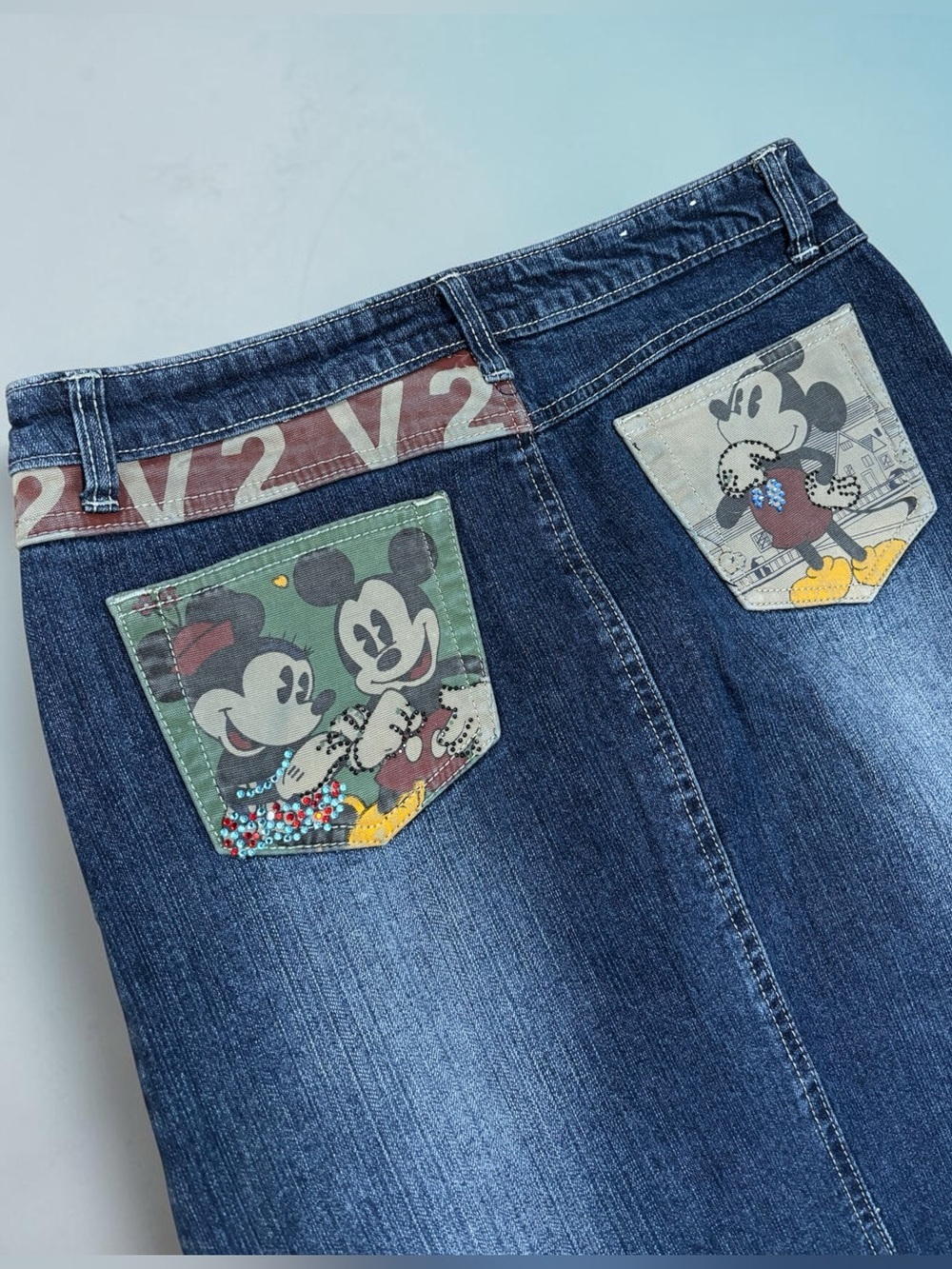 Japanese Streetwear (M) V2 Denim Skirt Mickey Mouse Pockets Rhinestones Stretch